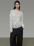 unspoken Breathable Knit Minimalist Relaxed Fit Butterfly Round Neck White Blouses