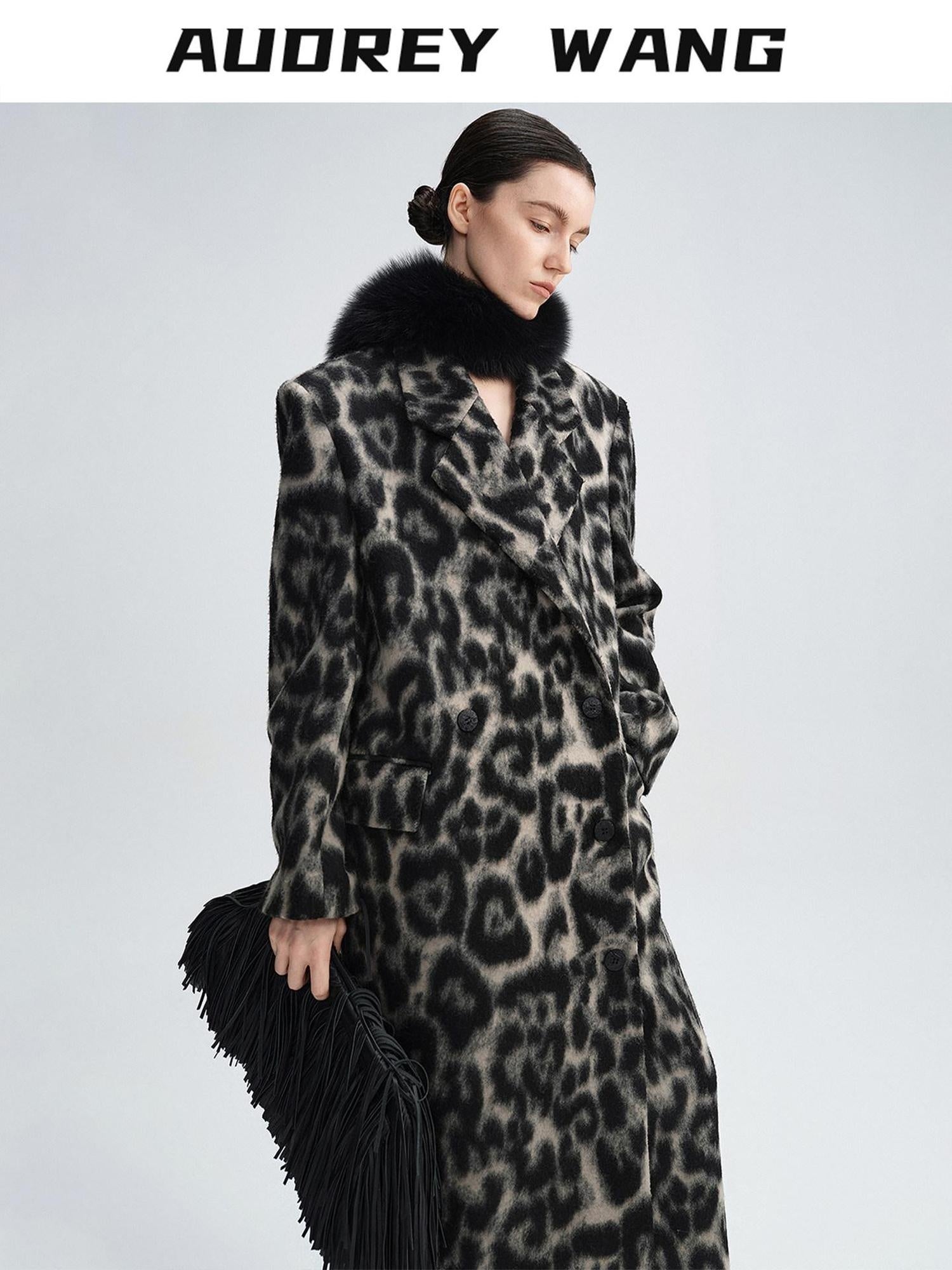 audreyyang Thick Wool Blend Retro Loose Leopard Double Breasted Lapel Long Coats