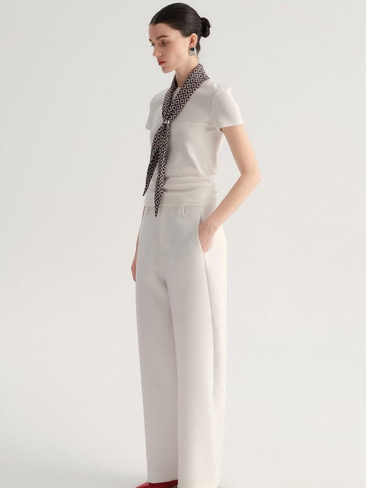 audreyyang Smart Office Natural Waist Zip Fly Polyester Blend Black White Straight Pants