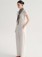 audreyyang Smart Office Natural Waist Zip Fly Polyester Blend Black White Straight Pants
