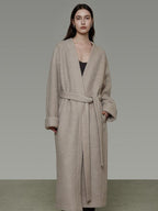 unspoken Cozy Sheepswool Belted Loose Fit Minimal Office V-neck Mid Length Wool Coats