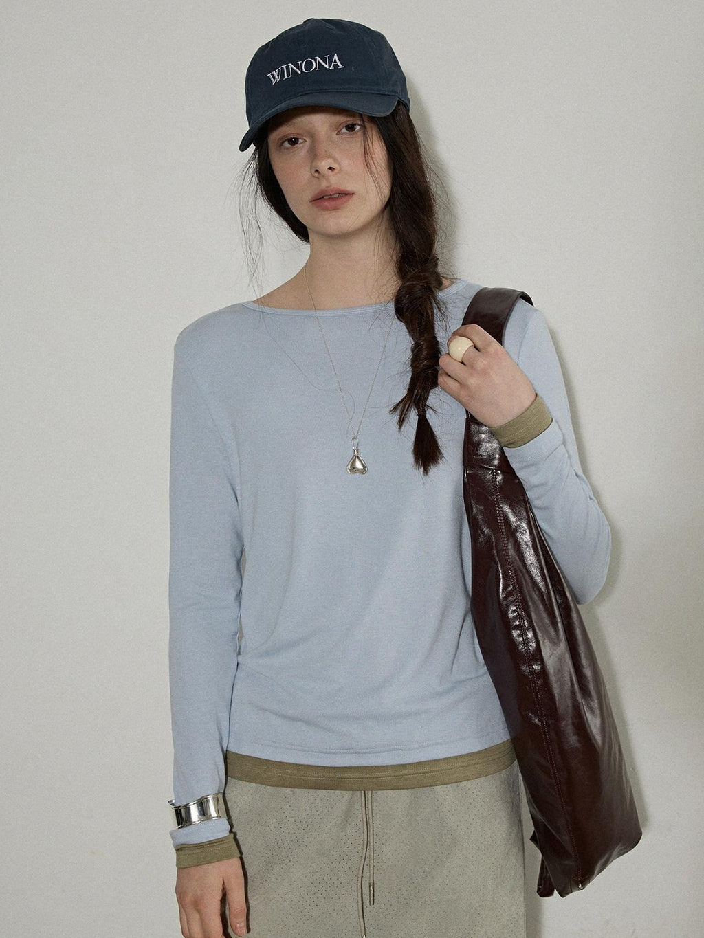 Lofi choose Soft Oversized Loose Fit Round Neck Women Blue Brown Long Sleeve T-Shirts