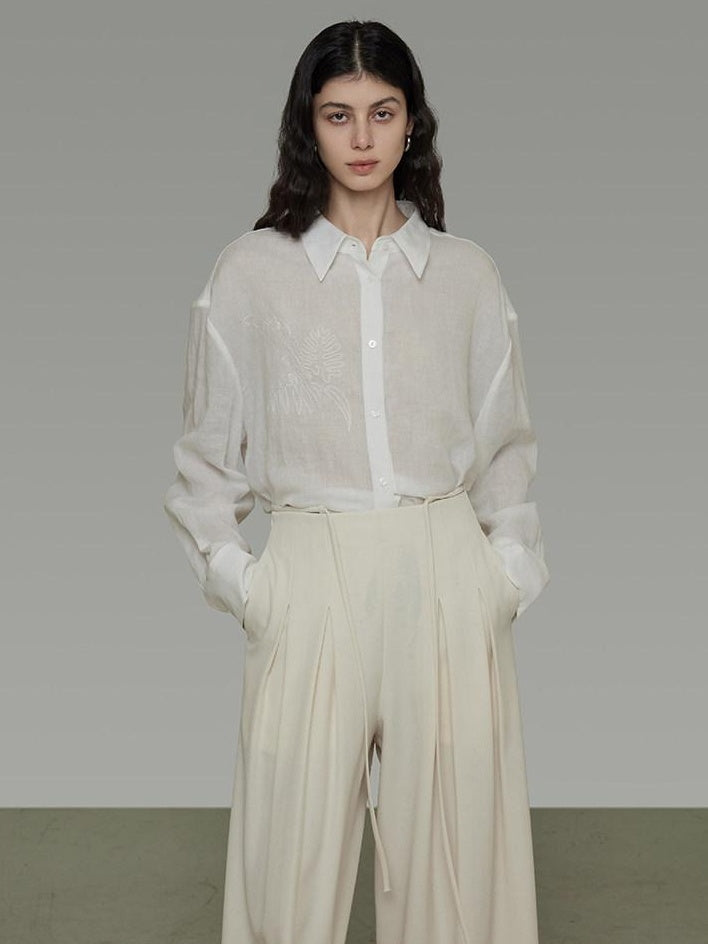 unspoken Breathable Embroidered Loose Polo Women Ramie Lyocell White Button Shirts