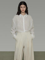 unspoken Breathable Embroidered Loose Polo Women Ramie Lyocell White Button Shirts