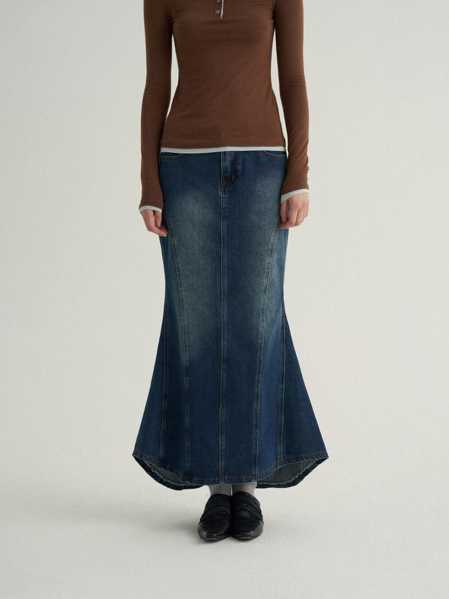 someone sometimes High Cotton Denim Blue Long Sleeve Collared Buttoned Women Top & Skirt Sets