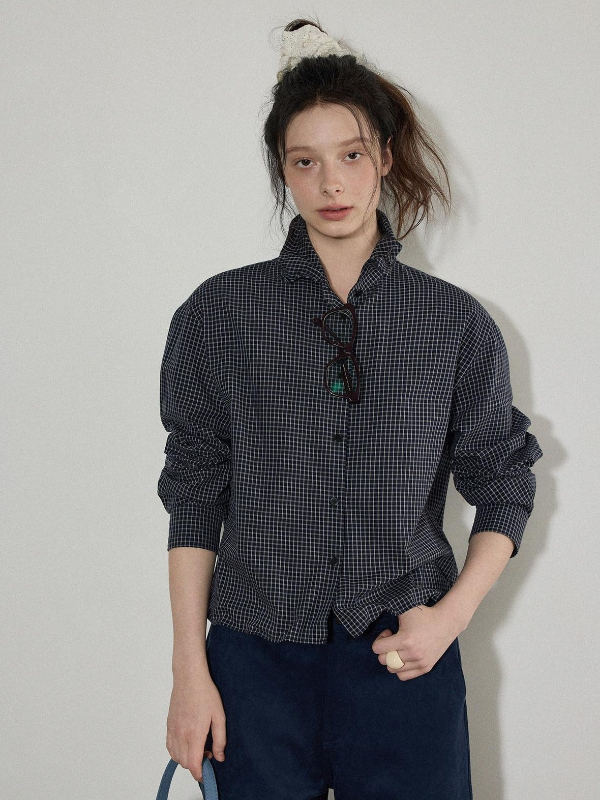 Lofi choose Pure Cotton Loose Fit Plaid Button Front Turn Down Collar Office Women Blouses