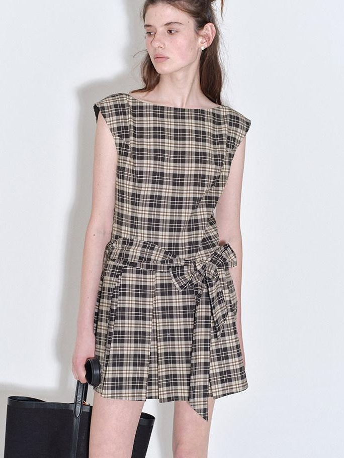 fano Plaid Sleeveless H Line Natural Waist Office Dress For Women Midi Dresses