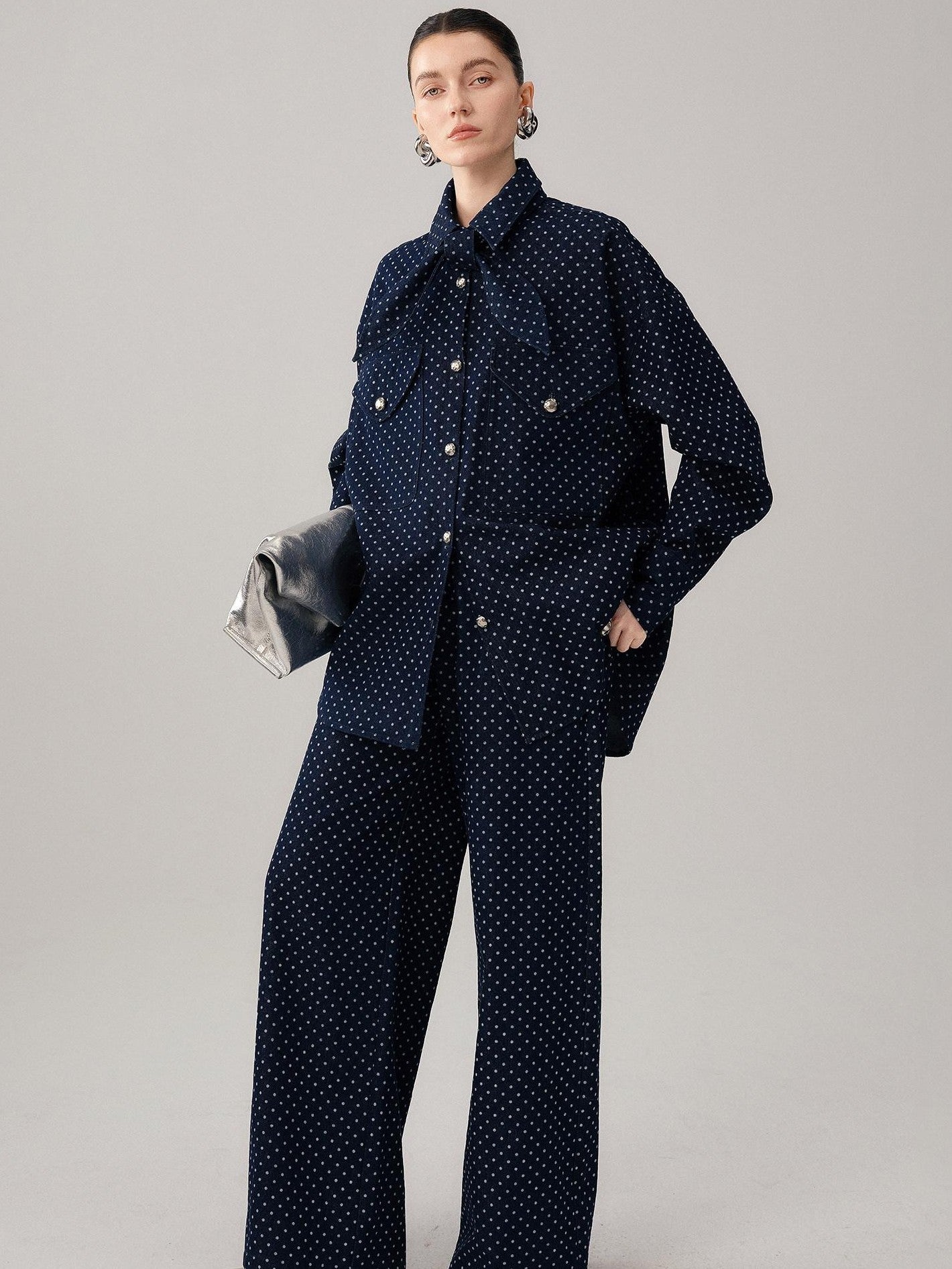 audreyyang Bow Detail Loose Fit Casual Women Daily Polka Dot Cotton Denim Jackets