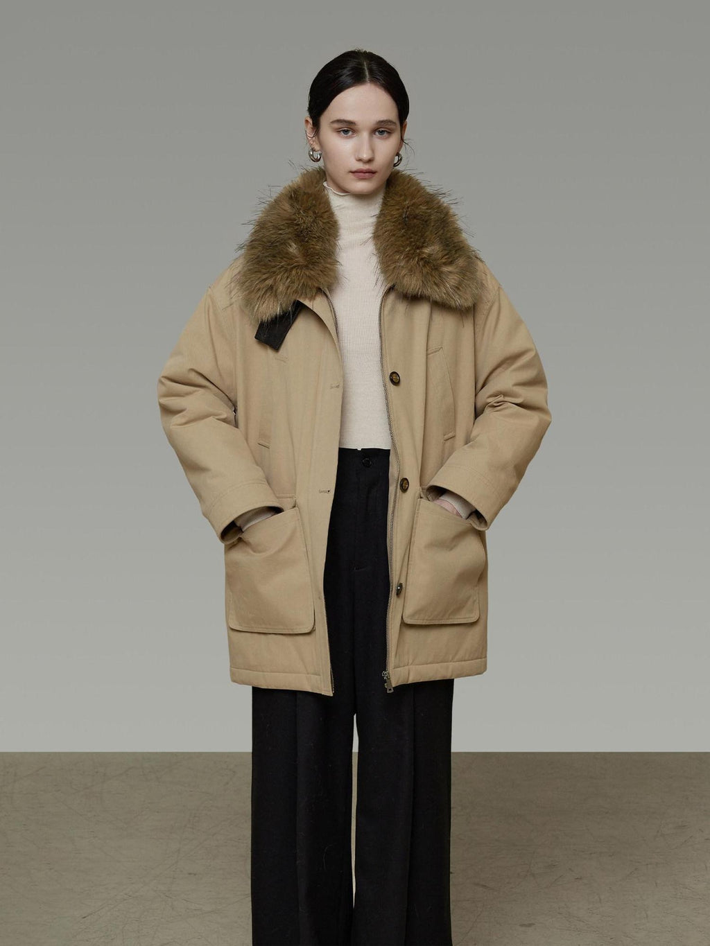 unspoken Thick Cotton Oversized Midlength Single Breasted Khaki Puffer Jackets