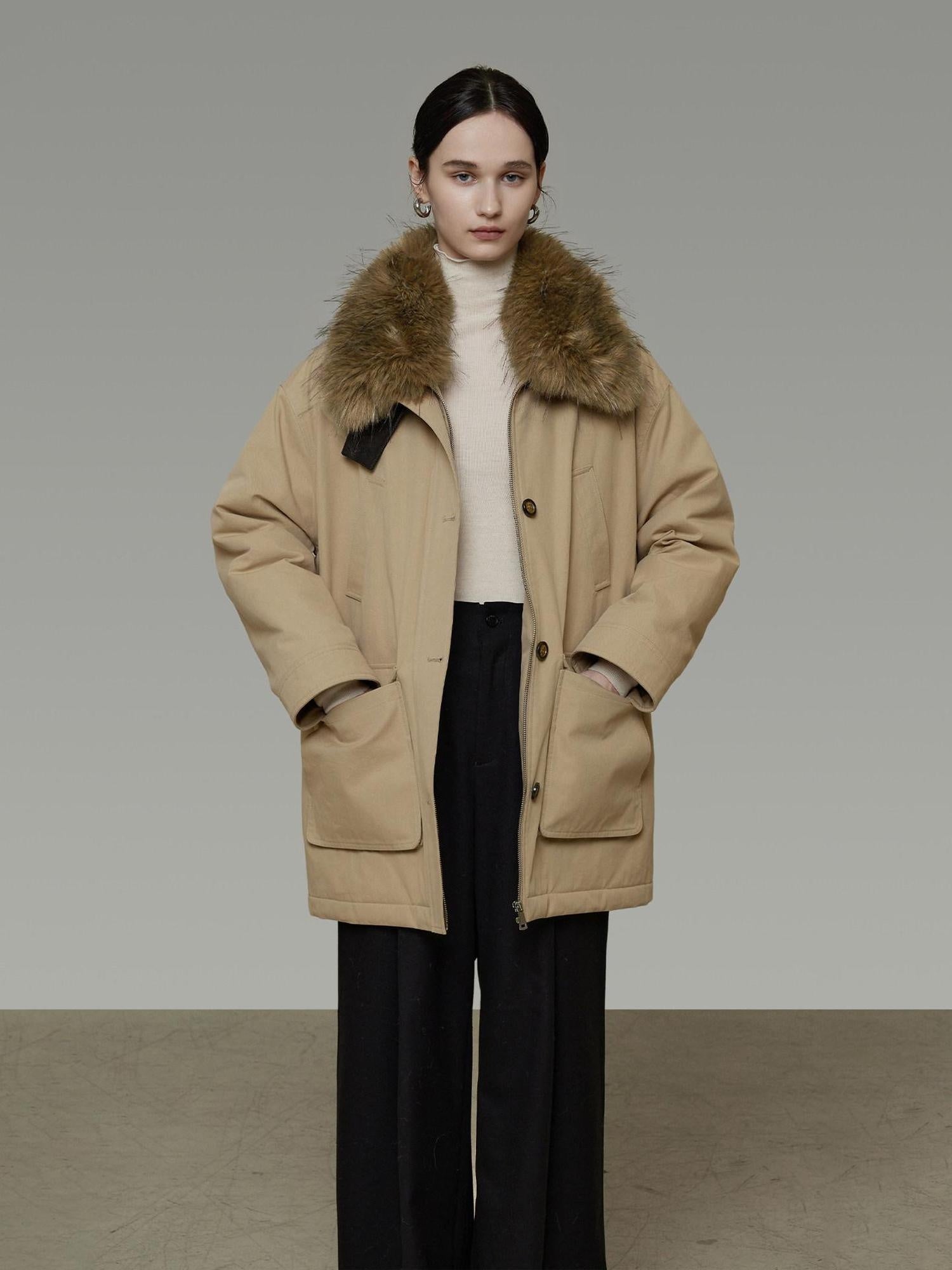 unspoken Thick Cotton Oversized Midlength Single Breasted Khaki Puffer Jackets