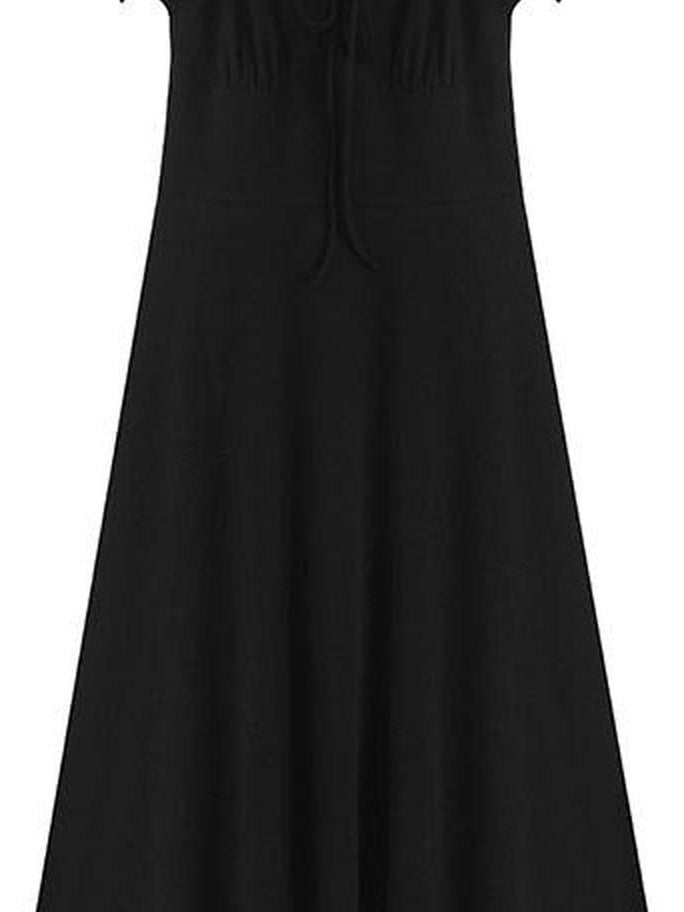 fano Structured High Waist A Line Square Neck Cotton Short Sleeve Black Maxi Dresses