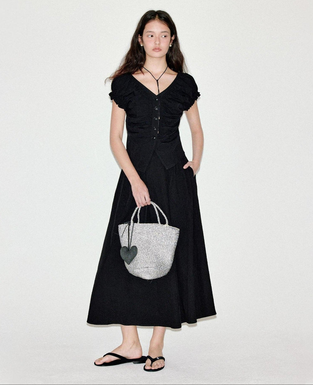 fano Sleek Black V-neck Button Short Sleeve Two Piece Chic Women Top & Skirt Sets