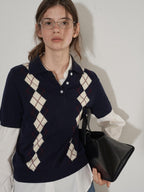 Lofi choose Cozy Argyle Polo Short Sleeve Loose Fit Vintage Knitwear Women Sweaters