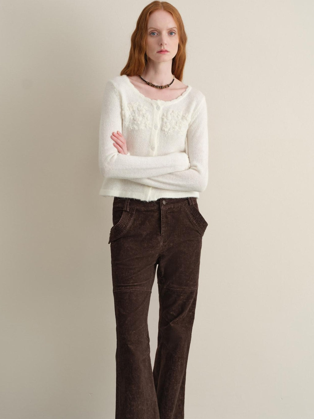 someonesometimes Hand Crochet Wool Floral Scallop Edge Casual Crewneck Button Women Cardigans