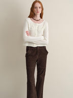 someonesometimes Hand Crochet Wool Floral Scallop Edge Casual Crewneck Button Women Cardigans