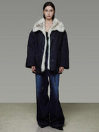 unspoken Fur Lined Thick Minimal Commuter Loose 3D Tailored Cotton Navy Puffer Jackets