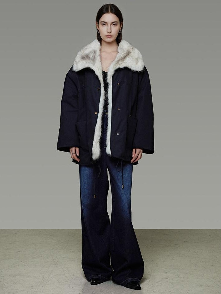 unspoken Fur Lined Thick Minimal Commuter Loose 3D Tailored Cotton Navy Puffer Jackets