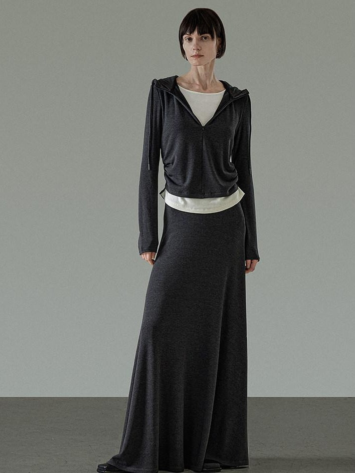 unspoken Soft Viscose Two Piece Hooded Zip Up Loose Minimal Female Deep Gray Lounge Sets
