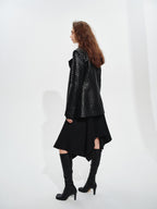 audreyyang Soft Lambskin Vintage Loose Fit Collarless Black Woven Women Leather Jackets