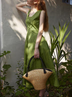 fano Cotton High Waist Pleated Minimal A Line Square Neck Women Maxi Dresses