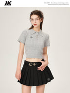 ikyou 3D Embellishment Slim Fit Henley Neck Women Solid Grey Knit Basic Crop Tops