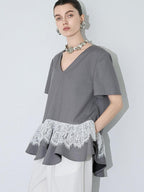 audreyyang Cotton Blend Commuter Patchwork Loose V-neck Heather Gray Short Sleeve T-Shirts
