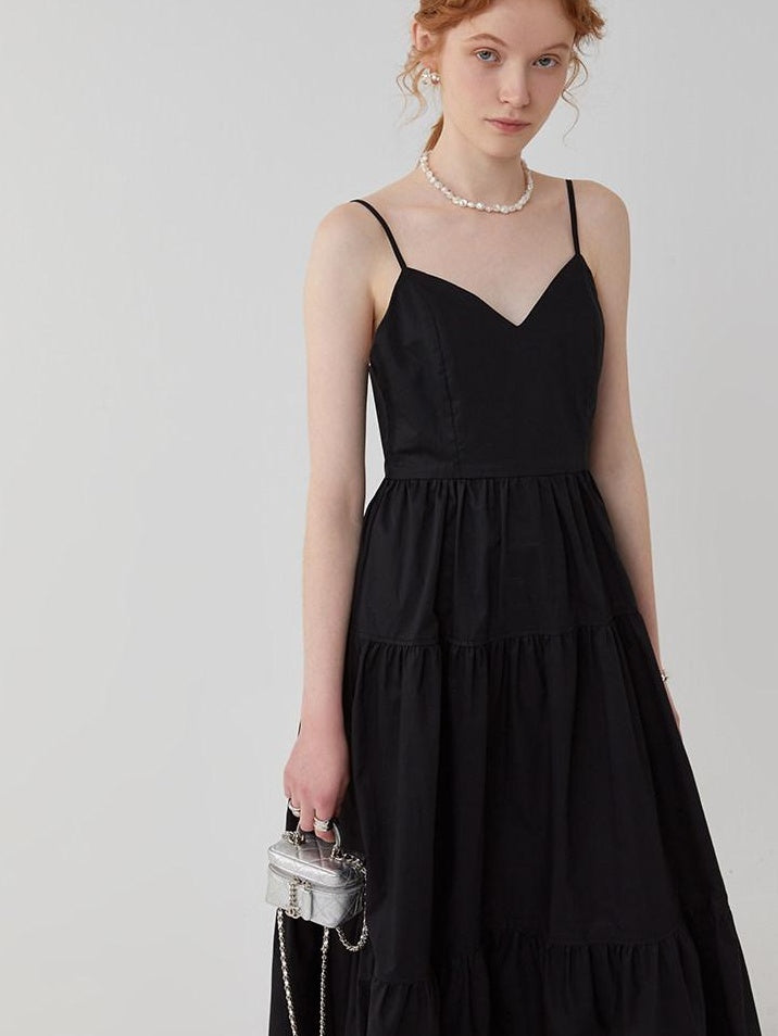 fano High Waist Pleated Minimalist V-neck Sleeveless A Line Cotton Casual Maxi Dresses