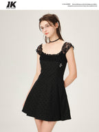 ikyou Waist Defining Lace Minimalist Off Shoulder A Line Black Midi Dresses