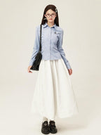 ikyou Embroidered Slim Commuter Square Neck Striped Long Sleeve Cotton Blend Shirts