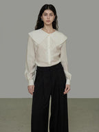 unspoken Lyocell Embroidered Doll Collar Loose Fit Women White Button Long Sleeve Blouses
