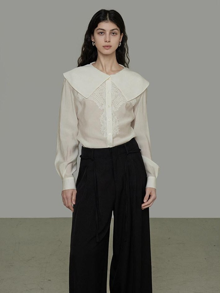 unspoken Lyocell Embroidered Doll Collar Loose Fit Women White Button Long Sleeve Blouses