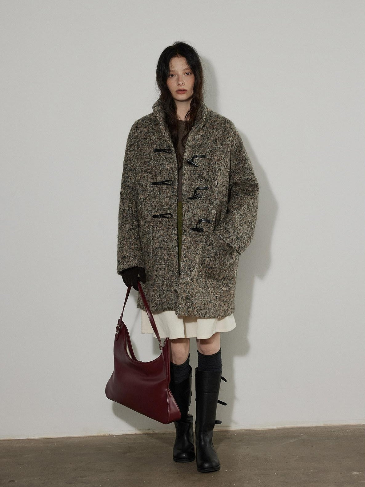 Lofi choose Heavy Wool Blend Relaxed Fit Stand Collar Midlength Commuter Toggle Wool Coats