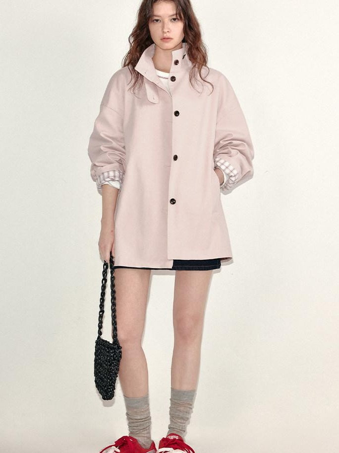 fano Peach Pink Cotton Lined Korean Loose Short Single Breasted Women Trench Coats