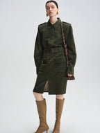 audreyyang Thick Cotton Cinched Waist Vintage Long Sleeve Army Green Top & Skirt Sets