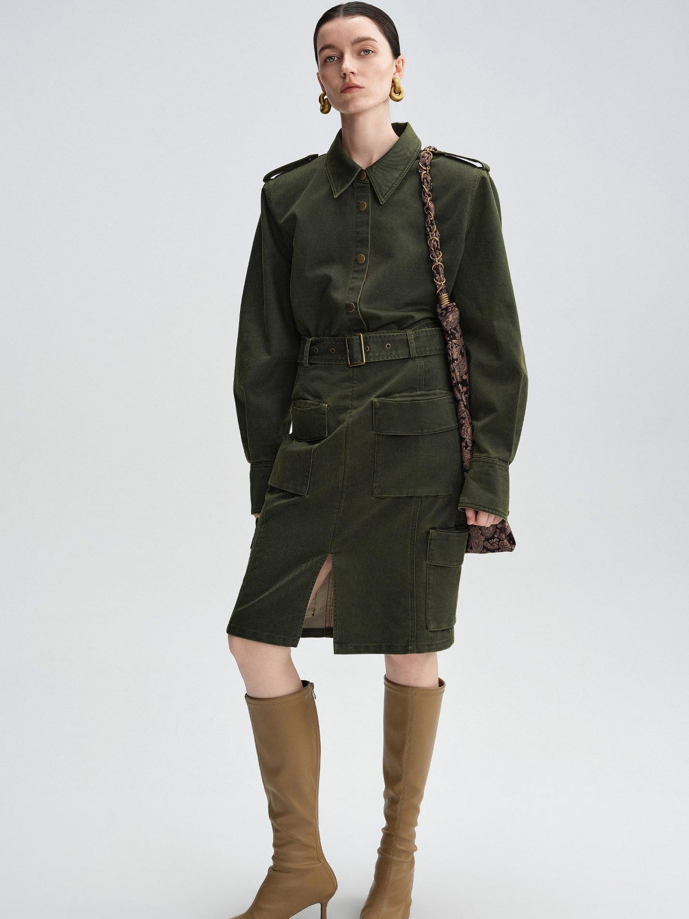 audreyyang Thick Cotton Cinched Waist Vintage Long Sleeve Army Green Top & Skirt Sets