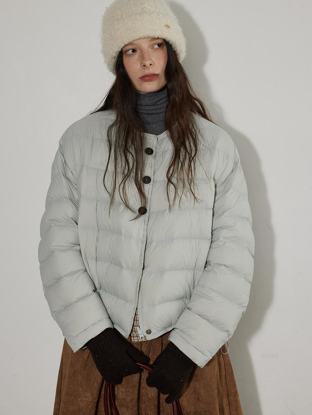 Lofi choose 90% White Duck Down Commuter Loose Fit Hoodless Zip Light Blue Down Jackets