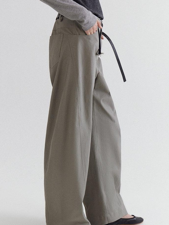 fano High Waist Cotton Pocket Loose Commuter Ladies Gray Green Wide Leg Pants