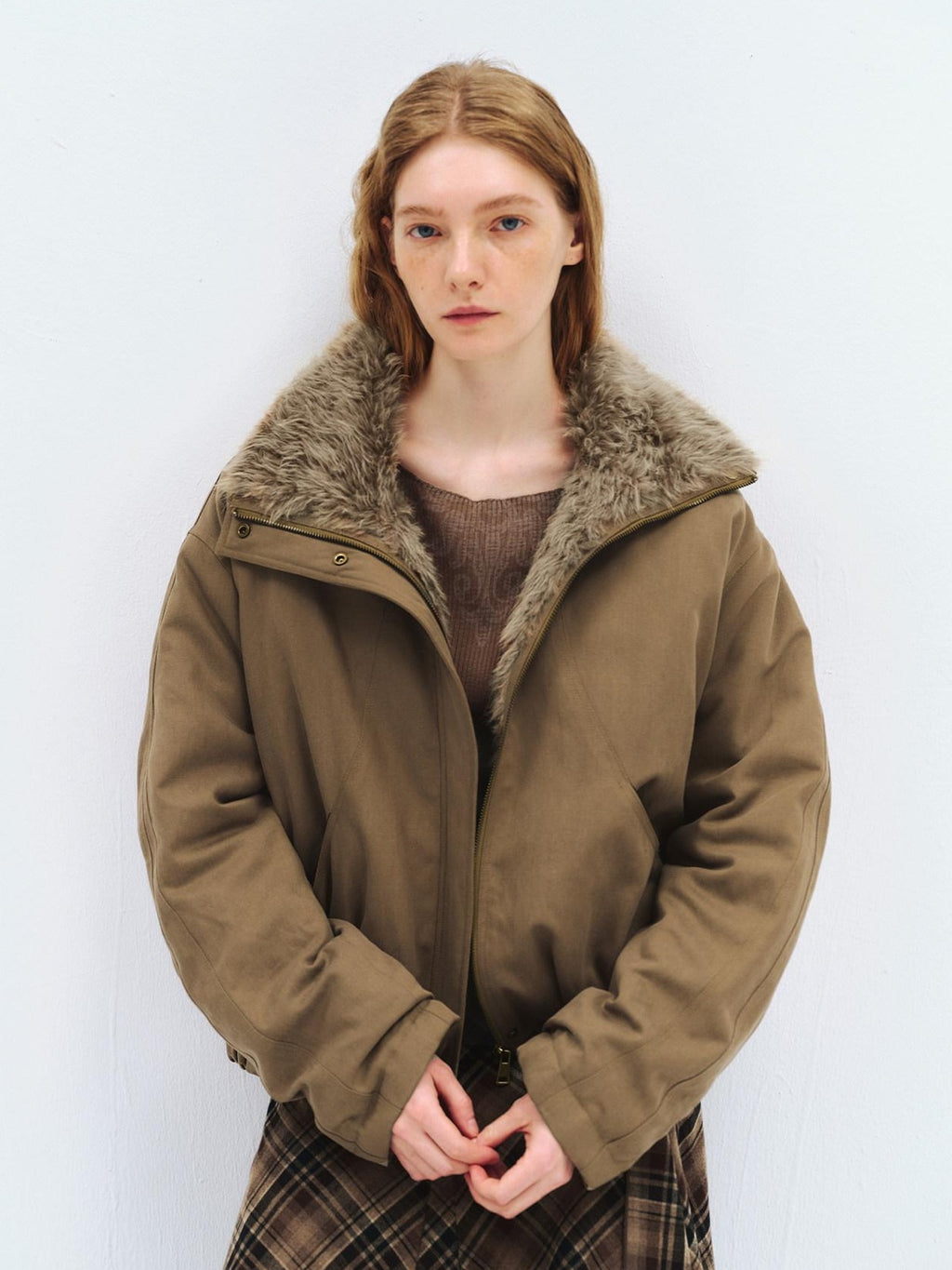 someonesometimes Lyocell Cotton Blend Relaxed Stand Collar Zip Women Beechwood Green Short Coat