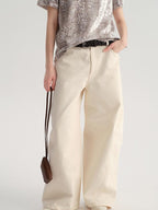 audreyyang High Waist Pure Cotton Pockets Relaxed Fit Women Solid Wide Leg Pants