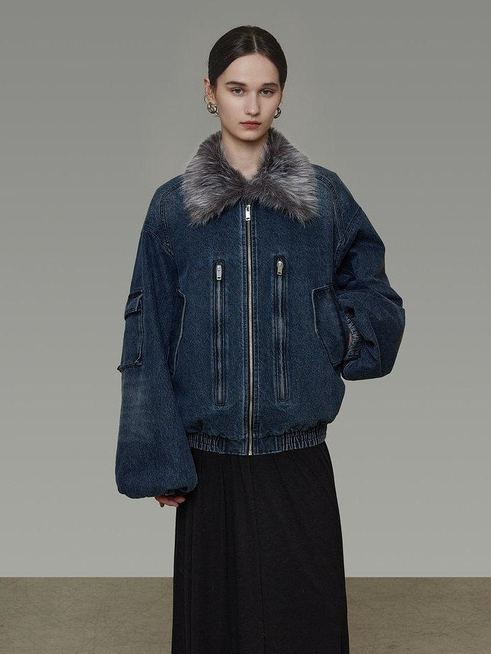 unspoken Warm Cotton Blend Loose Commuter Zipper Fur Collar Blue Gray Denim Jackets