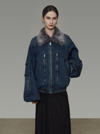 unspoken Warm Cotton Blend Loose Commuter Zipper Fur Collar Blue Gray Denim Jackets