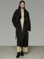unspoken Pure Sheepswool Long Belted Lapel Loose Tailored Office Coffee Brown Wool Coats