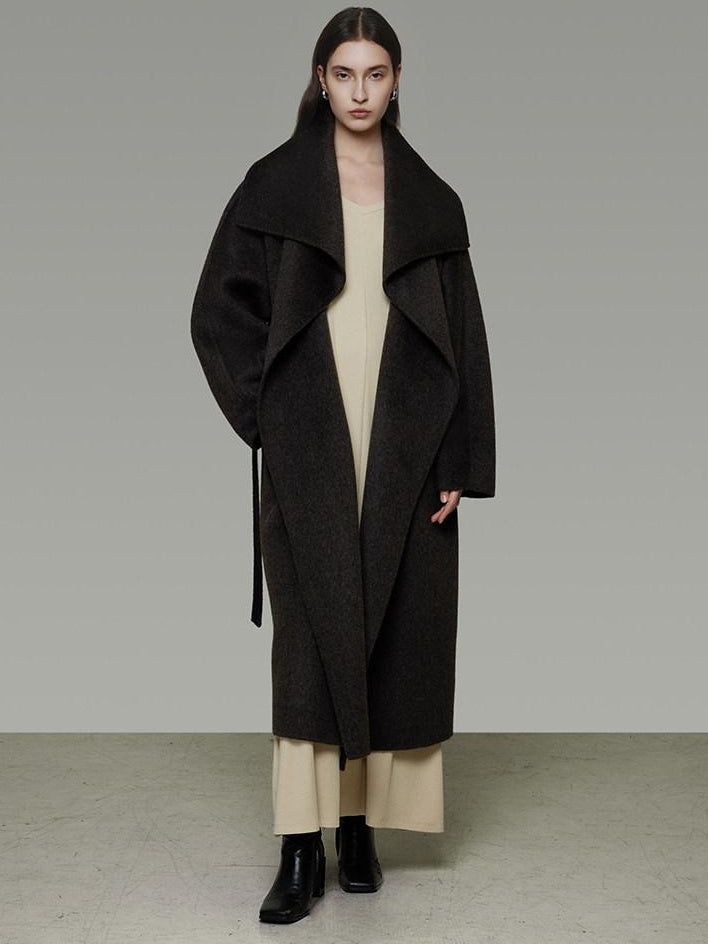 unspoken Pure Sheepswool Long Belted Lapel Loose Tailored Office Coffee Brown Wool Coats