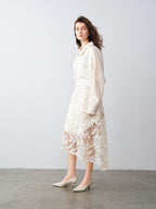 audreyyang Shimmering Sequin Lace Asymmetrical Mid Rise Tie Waist Women White Midi Skirts