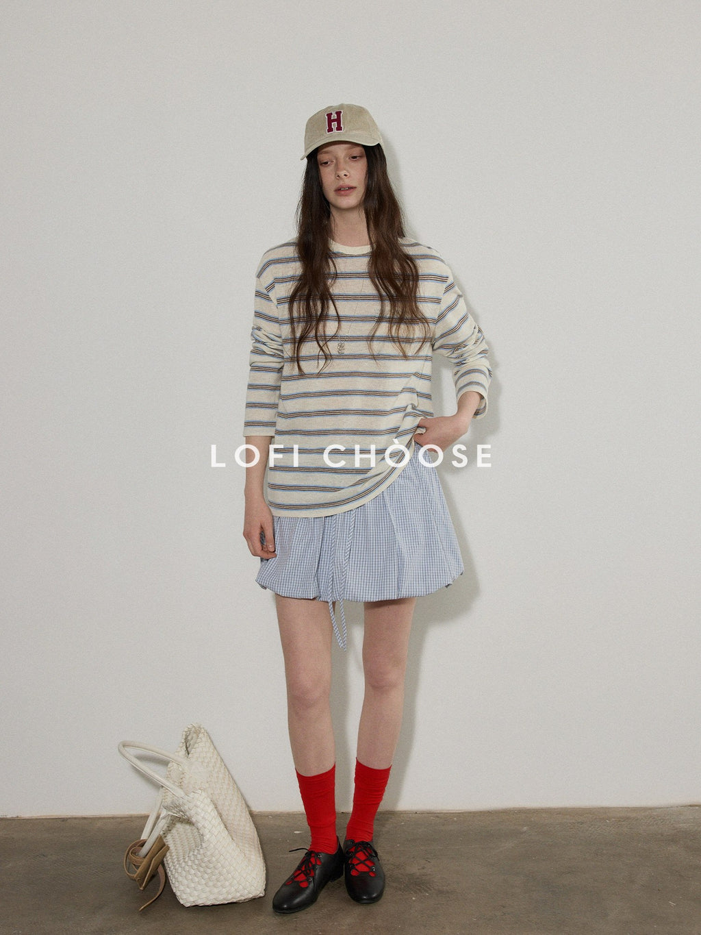 Lofi choose Polyester Blend Colorblock Blue Stripe Relaxed Crew Neck Long Sleeve T-Shirts