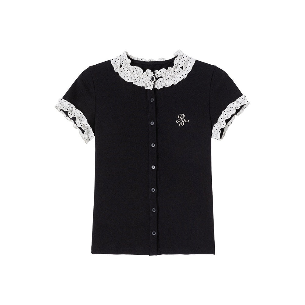 ikyou_Cotton_Stretch_Slim_Polka_Dot_Ruffle_Women_Short_Sleeve_Buttoned_Knit_Cardigans_MISSTT