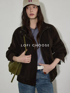 Lofi choose Zip Front Loose Fit Commuter Office Long Sleeve Dark Brown Women Cropped Jackets