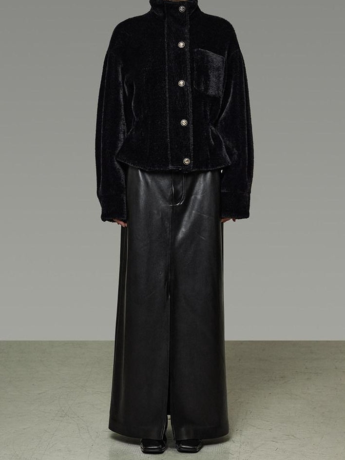 unspoken High Waist Textured H Line Straight Minimalist Workwear Black Midi Skirts