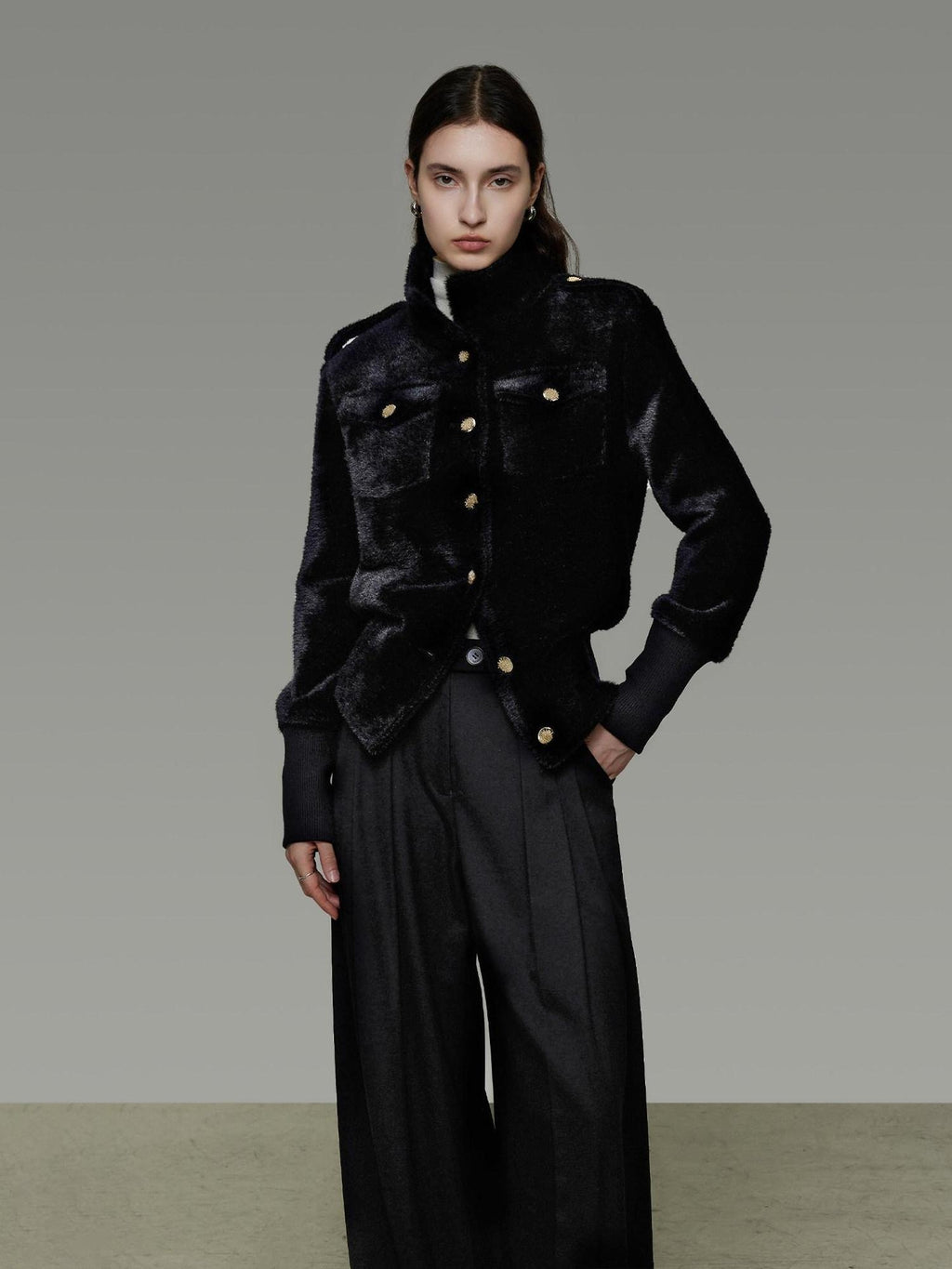 unspoken Tailored Slim Minimalist Commuter Stand Collar Women Black Short Coat