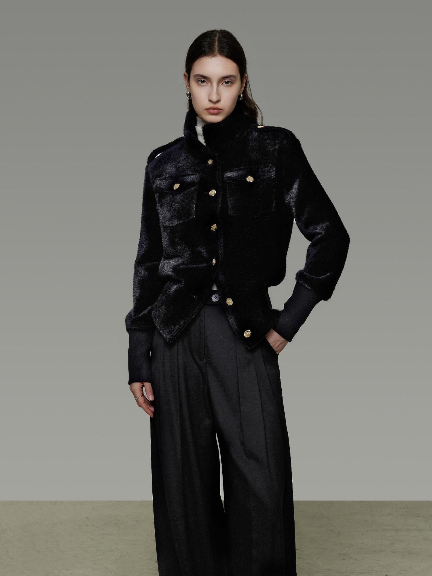 unspoken Tailored Slim Minimalist Commuter Stand Collar Women Black Short Coat